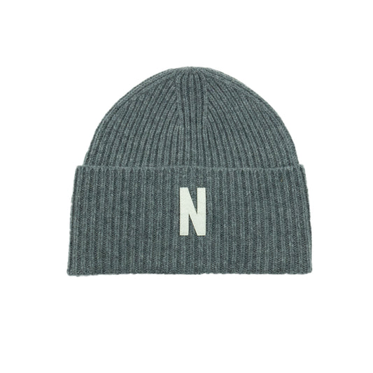 Norse Projects Merino Lambswool Rib N Logo Beanie - Grey Melange AW24