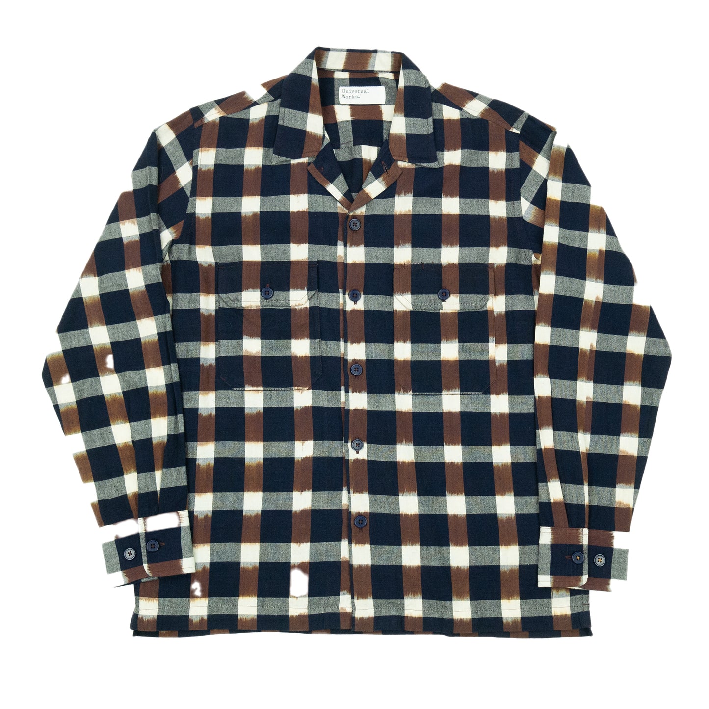 Universal Works. Check Ikat Utility Shirt - Navy/Brown AW24