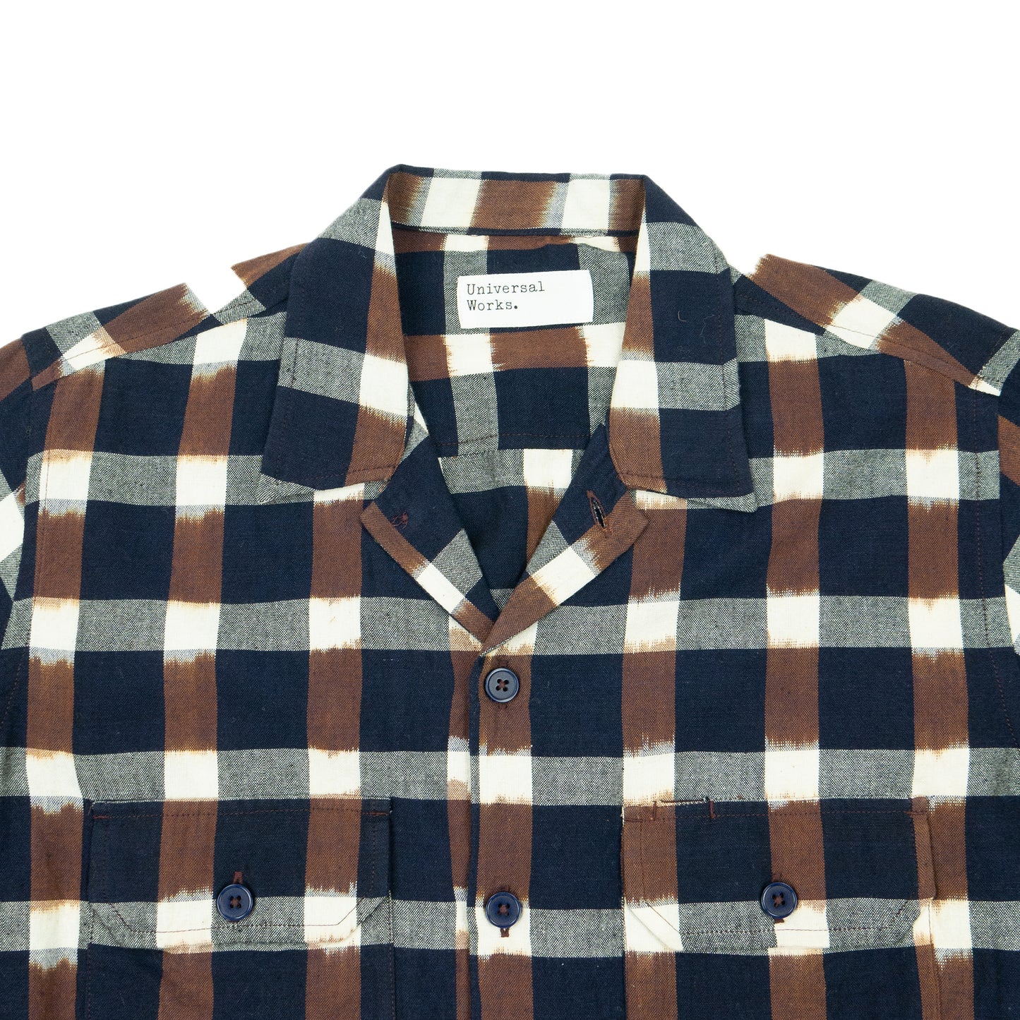 Universal Works. Check Ikat Utility Shirt - Navy/Brown AW24