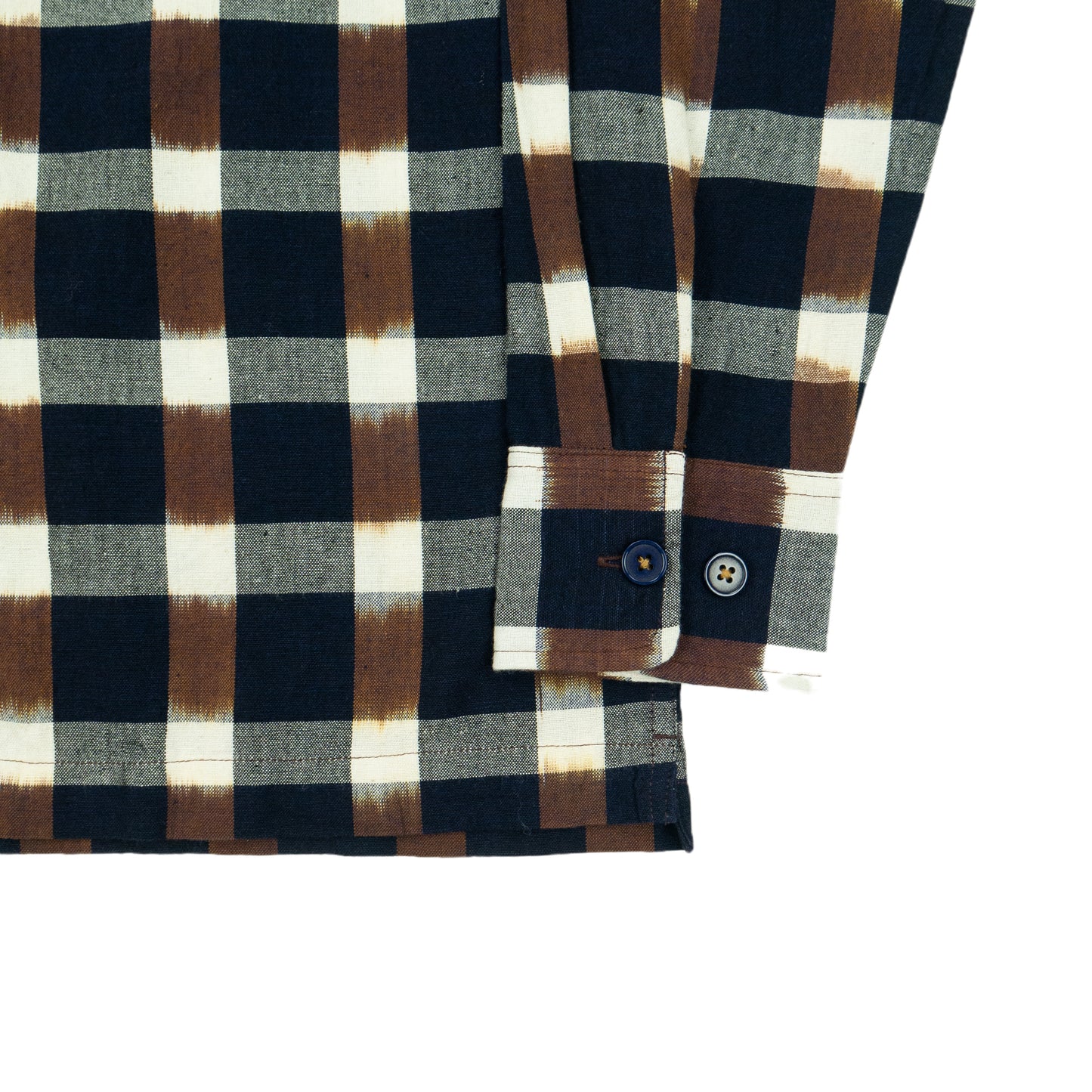 Universal Works. Check Ikat Utility Shirt - Navy/Brown AW24